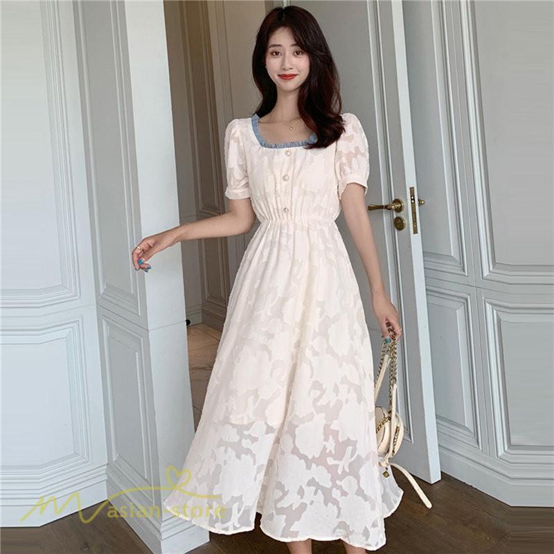 ミディアム | ワンピース レディース 着痩せ スクエアネック 上品 可愛い 半袖 ハイウエスト 透け感 Aラインワンピース 韓国風 20代 お出かけ 通勤通学 30代 きれいめ 40代