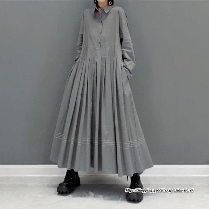 シャツワンピース | プリーツワンピース 秋ワンピース フレアワンピース 切り替え プリーツスカート 長袖 ロングワンピース レディース 広い裾 秋コーデ