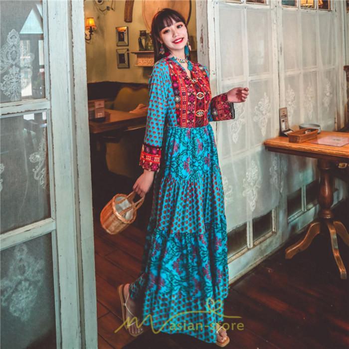 マキシ | ワンピース ロング 着やせ効果抜群 夏秋 長袖 他と被らない 刺繍 上品 きれいめ ロングワンピース マキシワンピ 舞台 演出 パーティー ダンス