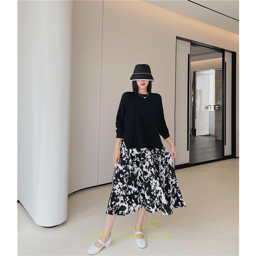 マキシ | ドッキングワンピース 秋 レディース 長袖ワンピース ロングワンピース 切り替えワンピース フェイク レイヤード風 Aラインワンピース お呼ばれワンピース