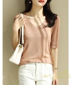 ｔシャツ・カットソー | サマーニット レディース Vネック トップス ニット 半袖 春服 春物 ニットチュニック 無地 きれいめ 春夏 黒 リブ 夏ニット 白 5分袖 涼し気