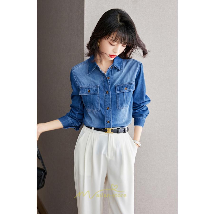 シャツ・ブラウス | デニムシャツ シャツ トップス レディース ブラウス 着痩せ デニム コットン カジュアル エレガント 通勤 通学 オシャレ 上品 ナチュラル 冬 キレイめ 秋 可愛い
