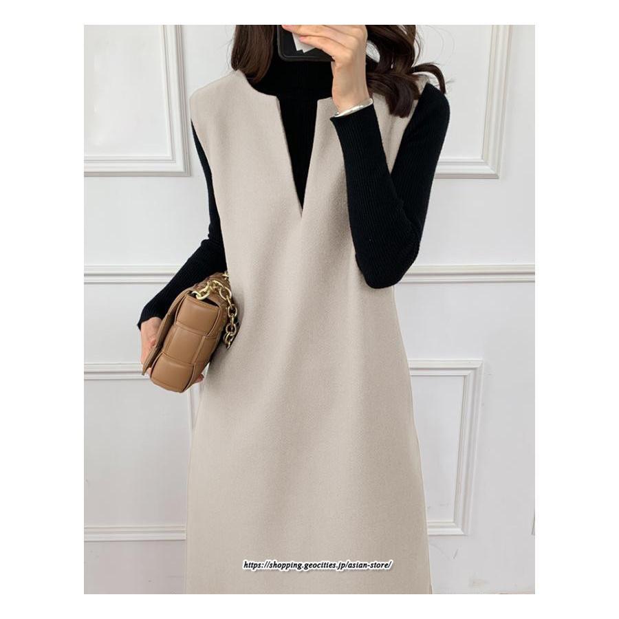 マキシ | ワンピース ジャンパースカート ジャンスカ 深Vネック ロングワンピース Vネック 】 ウール混深Vネックジャンスカ スリット入り【