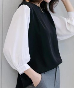 送料無料SALE | ブラウス レディース 切り替え フェイク ストライプ パフスリーブ 無地 黒 白 トップス シャツ 丸ネック 七分袖 夏服 大人 サマー 30代40代 50代 可愛い OL