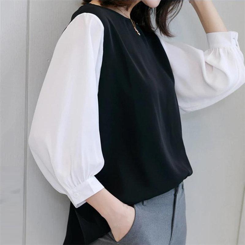 送料無料SALE | ブラウス レディース 切り替え フェイク ストライプ パフスリーブ 無地 黒 白 トップス シャツ 丸ネック 七分袖 夏服 大人 サマー 30代40代 50代 可愛い OL