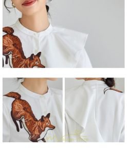 シャツ・ブラウス | ブラウス レディース オフィス 白 長袖 ビジネス カジュアル シャツ 刺繍 アニマル柄 動物柄 狐 個性的 冬 2022新作 秋 可愛い 上品 フェミニン