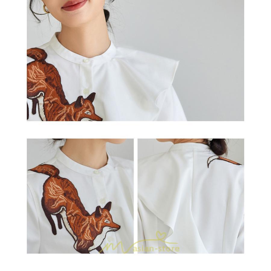 シャツ・ブラウス | ブラウス レディース オフィス 白 長袖 ビジネス カジュアル シャツ 刺繍 アニマル柄 動物柄 狐 個性的 冬 2022新作 秋 可愛い 上品 フェミニン