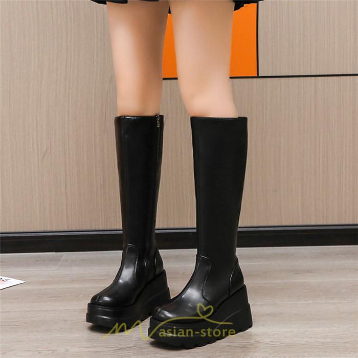 ロングブーツ | レディース ブーツ 厚底 歩きやすい 痛くない 定番 カジュアル 人気ブーツ ファスナー 黒 ブラック シンプル 美脚 おしゃれ 白 オフホワイト