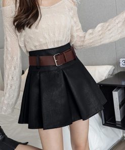ミニスカート | プリーツレザースカート ベルト付き 秋冬