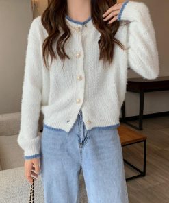 ニット・セーター | アウター Uネック パールボタン付き レディース 無地 ニットカーディガン 長袖 ショートニット ニットトップス