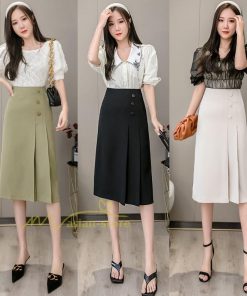 スカート | タイトボタン 膝下 ミディアム丈 ミモレ丈 キレイめ プリーツ通勤通学 ビジネス OL オフィス 春夏秋 2022新作 20代30代40代 着回し 無地人気