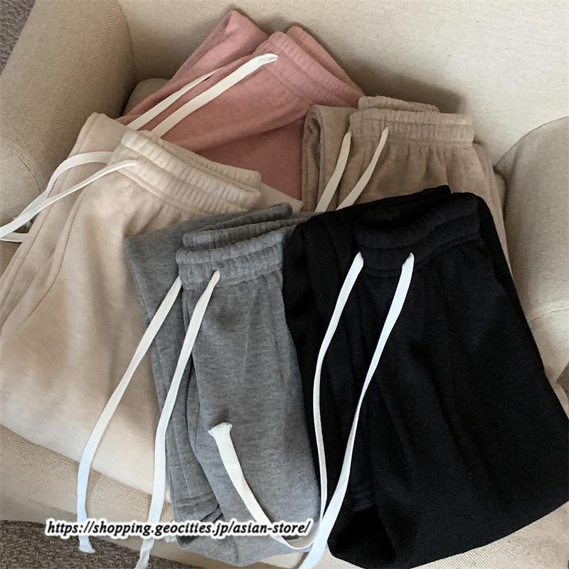 ワイドパンツ | ニットパンツ レディース 綿パンツ リブニット 秋冬 裏起毛 暖かい ロングパンツ ウエストゴム 春 パンツ シンプル 無地 ボトムス 部屋着 ズボン