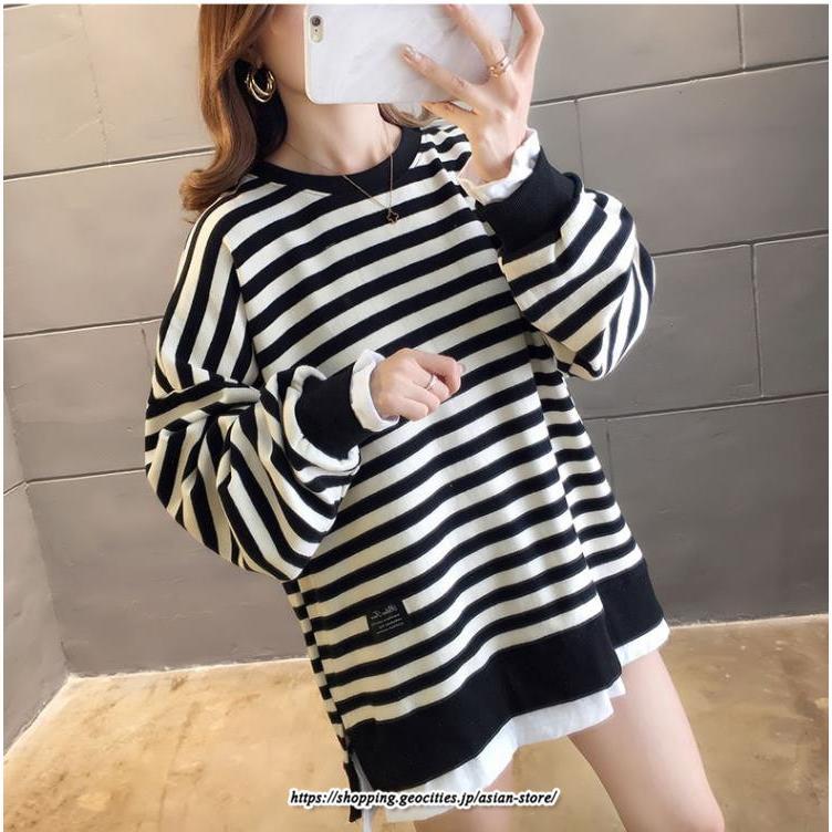 パーカー | 重ね着風トレーナー レディース 長袖 トップス カジュアル スウェット ボーダー柄 ゆったり トレーナー トップス 切り替え 可愛い きれいめ レイヤード風