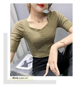 ｔシャツ・カットソー | Tシャツ Tシャツ レディース カットソー 着痩せ 5分袖 着回し 人気 スクエアネック ストレッチ 無地 ショート丈 細身 カジュアルトップス 着痩せ サマー きれい