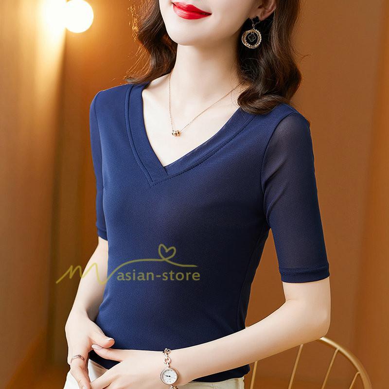 tシャツ・カットソー | Tシャツ レディース カジュアル Vネック おしゃれ 女性用 シンプル 無地 20代30代40代50代 カシュクール インナー フェミニン 上品 お出かけ 着痩せ カジュアル