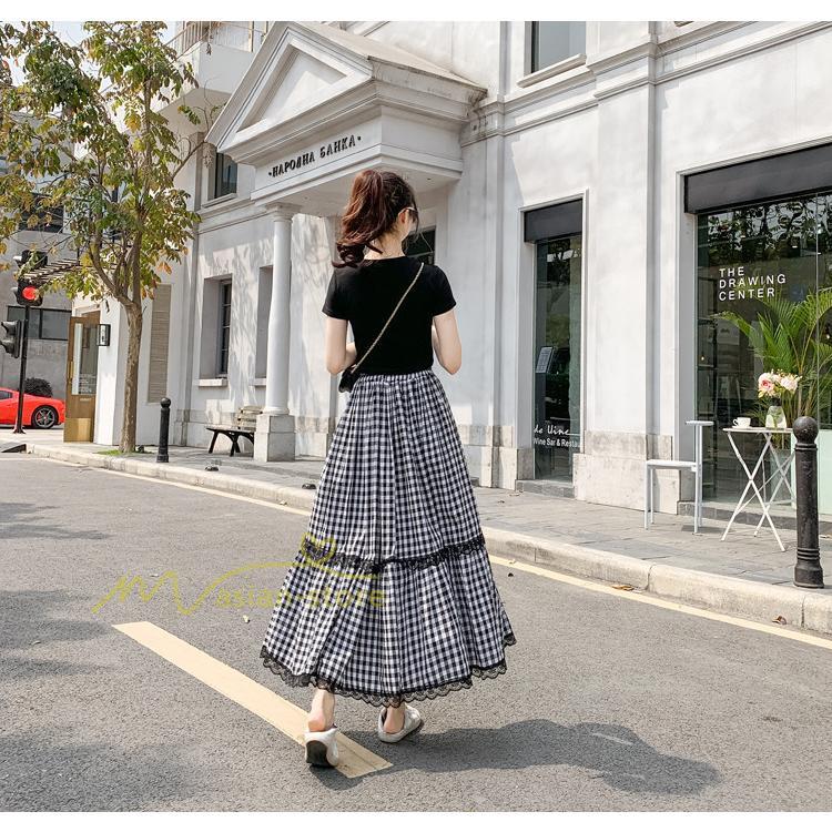 スカート | 2022年春新作 レディース ディース ボトムス チェックロング丈 ウエストゴム チェック柄 春 20代30代40代 通勤通学 カジュアル レトロ風 夏