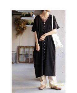 マキシ | ワンピース 五分袖 ロングワンピース レディース 秋物 夏 羽織り ゆったり 大きめ ポケット Aラインワンピース 30代40代50代 無地 可愛い 落ち感 Vネック 大人