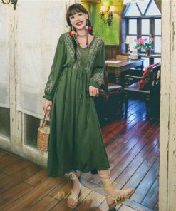 マキシ | ロングワンピース レディース ワンピ 夏 秋 長袖 可愛い 部屋着 リゾート Vネック 綿麻 花柄 高見え 旅行 20代30代40代 エスニック風 細見え レトロ風 お泊り