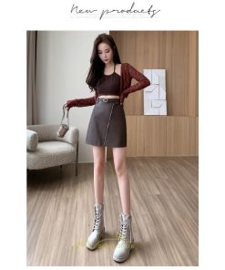 スカート | レザーボトムス ミニAライン 秋冬 レディース 革通勤 着痩せ フェイクレザー インナーパンツ付き ベルト付き ジッパー