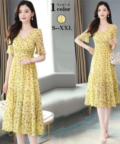 ミディアム | ワンピース Aライン レディース 着痩せ 上品 カジュアル Vネック カジュアル 春 夏 花柄 きれいめサマー ワンピース 通勤 通学 ソフト 膝丈 大人 お出かけ
