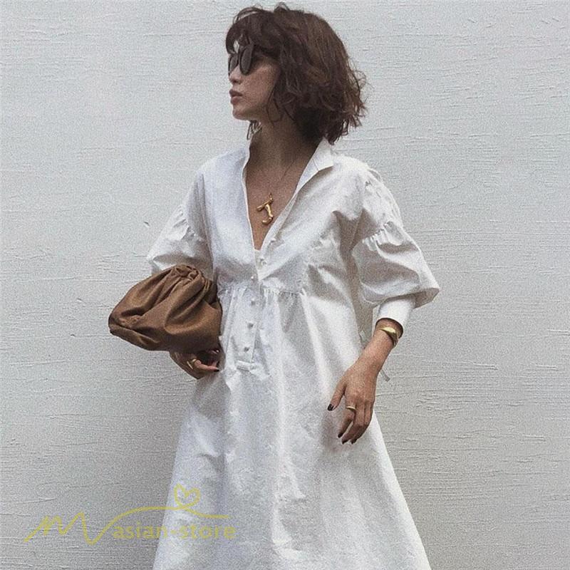 マキシ | サマーワンピース レディース 着痩せ 無地 Vネック 7分袖 コットン ゆるワンピース ゆったり ロングワンピース 夏服 ワンピース 夏 きれいめ トレンド ロング丈