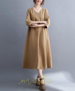 送料無料SALE | 夏ワンピース 五分袖 麻ワンピース Aラインワンピース 大きめ ゆったり 無地 Vネック ミモレ丈 ロングワンピース 女っぽい 通学通勤 30代40代 可愛い 大人
