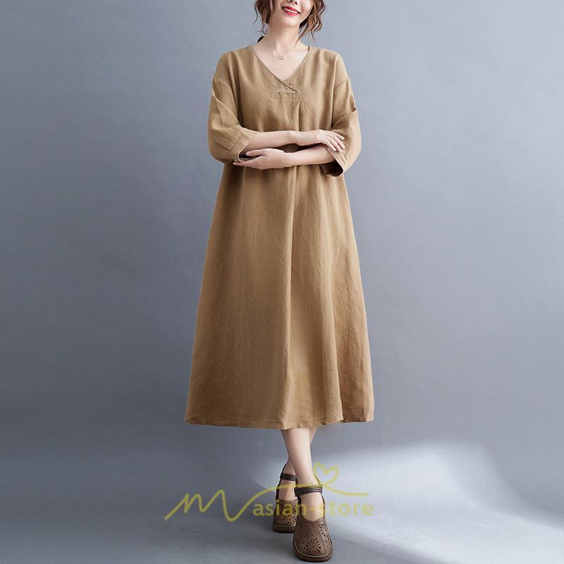 送料無料SALE | 夏ワンピース 五分袖 麻ワンピース Aラインワンピース 大きめ ゆったり 無地 Vネック ミモレ丈 ロングワンピース 女っぽい 通学通勤 30代40代 可愛い 大人