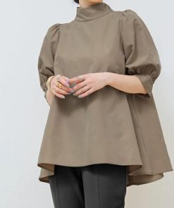 シャツ・ブラウス | ブラウス レディース 半袖 パフスリーブ ノーカラー ハイネック リボン 後ろリボン フォーマル 春夏 2way フレア 20代30代40代50代 通勤通学 蝶結び エレガント