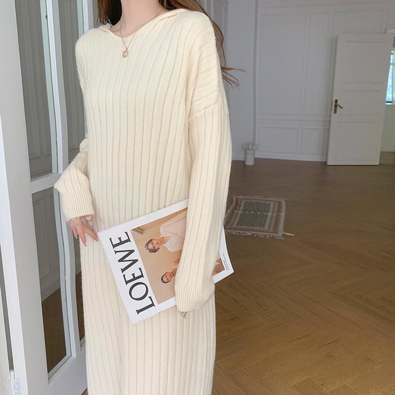 ニットワンピース | ワンピース 秋冬 太めリブニット ロングワンピース ミモレ丈 無地 フード付き 帽子 ストレッチ 大人 セーター 50代 長袖 20代30代 アウター