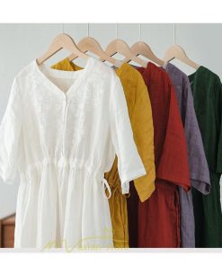 ミディアム | ワンピース レディース 夏新作 半袖 五分袖 ミモレ丈 刺繍 無地 Aラインワンピース ギャザー ゆったり Vネック ウエストリボン付き 調整可 40代 綿麻 30代