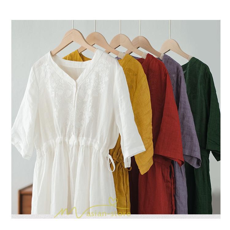 ミディアム | ワンピース レディース 夏新作 半袖 五分袖 ミモレ丈 刺繍 無地 Aラインワンピース ギャザー ゆったり Vネック ウエストリボン付き 調整可 40代 綿麻 30代