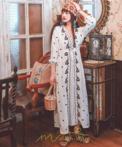 マキシ | ワンピース 七分袖 春夏秋 ロング丈 コットン 大人可愛い  ゆったり 柔らかい シンプル カジュアル ナチュラル 旅行 Aライン エスニック 着痩せ 刺繍 リゾート