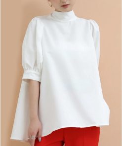 シャツ・ブラウス | ブラウス レディース 半袖 パフスリーブ ノーカラー ハイネック リボン 後ろリボン フォーマル 春夏 2way フレア 20代30代40代50代 通勤通学 蝶結び エレガント