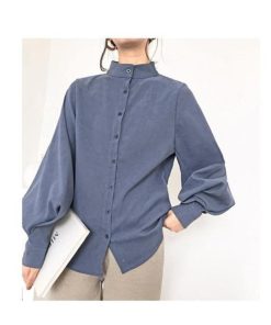 シャツ・ブラウス | シャツブラウス レディーストップス スタンドカラーブラウス 長袖ブラウス 無地シャツ バルーンスリーブ 春夏 リゾート ゆったり エレガント 通学通勤