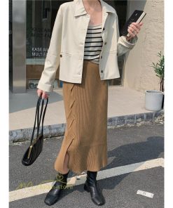 スカート | ニットタイトストレッチスリット入れロング丈 ミモレ丈 ハイウエスト 秋冬 ウエストゴム 美シルエット 楽チン
