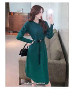 ミディアム | ワンピース 無地 きれいめ 30代 40代 50代 着やせ 上品 大きいサイズ ミモレ丈 長袖 春夏秋冬 丸首 ミモレ丈 ひざ丈 長袖 パフスリーブ