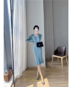 ニットワンピース | ニット ワンピース ロング Vネック ニットワンピ 長袖 ブラック 2022秋冬 ブルー マーメイド フリル セクシー 通勤 おしゃれ キレイめ ミモレ丈 上品