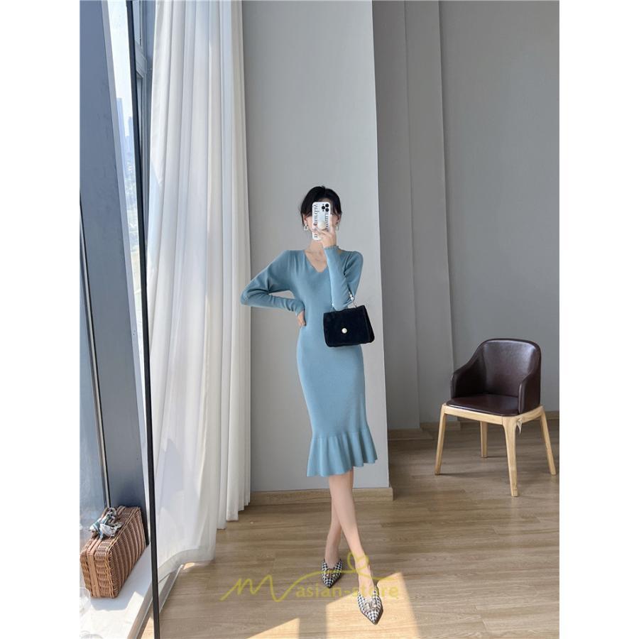 ニットワンピース | ニット ワンピース ロング Vネック ニットワンピ 長袖 ブラック 2022秋冬 ブルー マーメイド フリル セクシー 通勤 おしゃれ キレイめ ミモレ丈 上品