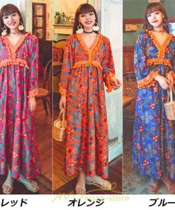 マキシ | ワンピース 長袖 ゆったり 夏秋 レディース 個性的 マキシ丈 楽ちん 体型カバー エスニック 着痩せ 赤 青 オレンジ レトロ 高品質 民族風 20代30代40代 旅行 海