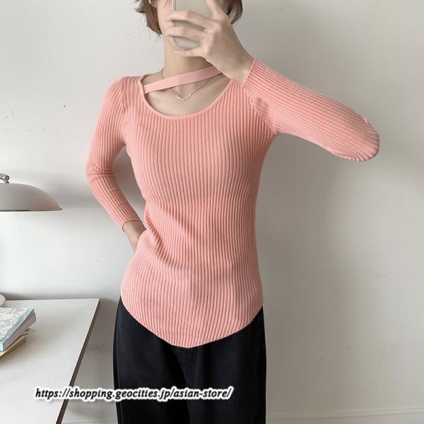 ニット・セーター | カットソー ニット レディース リブニット 長袖 秋冬 春 トップス スリム ストレッチ インナー 無地 通学通勤 着痩せ プルオーバー 長袖カットソー 長袖ニット