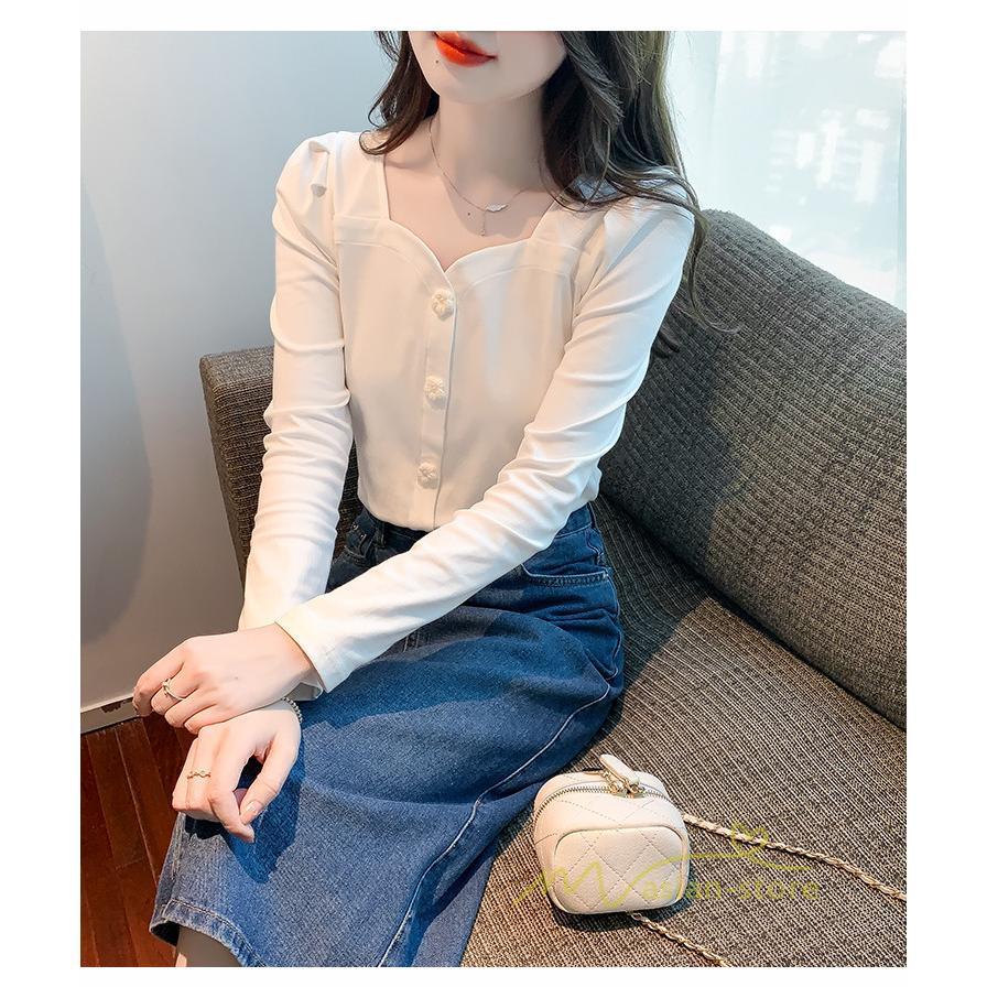 tシャツ・カットソー | ショート丈Tシャツ レディース 長袖Tシャツ カットソー タイト スリム 無地 トップス 綿 秋物 可愛い 小さい 通学通勤 20代30代 インナー 綿Tシャツ