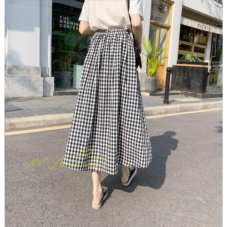 スカート | チェック柄 ロング丈 フレア ボトムス レディース 春 夏 秋 冬 体系カバー Aライン ウエストゴム おしゃれ 通勤 OL カジュアルブ無地 韓国風