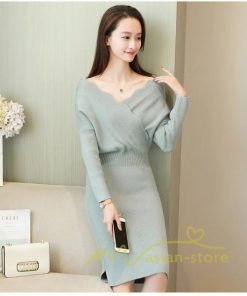 在庫ある | 短納期ニットワンピース 膝丈ワンピース タイトワンピース 長袖 インナー カットソー Vネック エレガント 着痩せ シルエット ビジネスオフィスフォーマル
