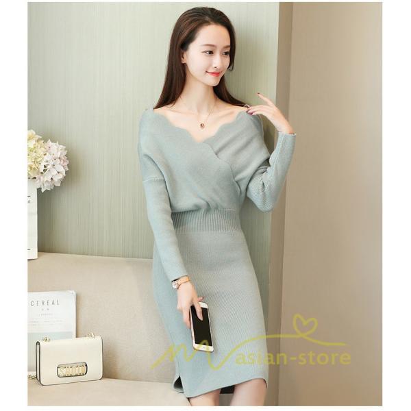 在庫ある | 短納期ニットワンピース 膝丈ワンピース タイトワンピース 長袖 インナー カットソー Vネック エレガント 着痩せ シルエット ビジネスオフィスフォーマル