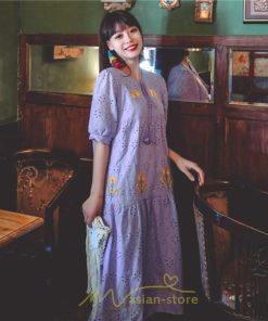 マキシ | ロングワンピース 夏秋 レディース 五分袖 普段着 同窓会 細見せ ハイウエスト コットン レース Aライン 白 紫 刺繍 Vネック キャンプ 旅行 上品 鎖骨 華奢魅せ