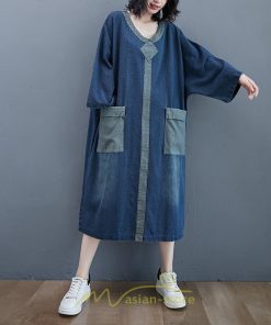 デニムワンピース | ワンピース 長袖 シャツワンピース デニムシャツ 無地 Aラインワンピ スリム 可愛い スリット ロングワンピ ワンピ ポケット 20代30代40代