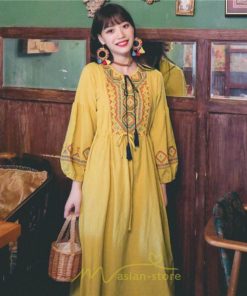 マキシ | ワンピース レディース 刺繍 綿麻 レトロ調 インスタ映え ナチュラル エスニック風 民族風 ボヘミアン 撮影 リゾート 柔らかい ウエストリボン長袖 イベント