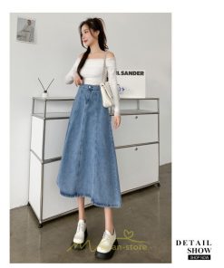スカート | デニムフレアミモレ丈 ロングt丈 シンプル ゆったり レディース フレア 大人 秋冬 ハイウエスト 美脚 韓国ファッション 可愛い