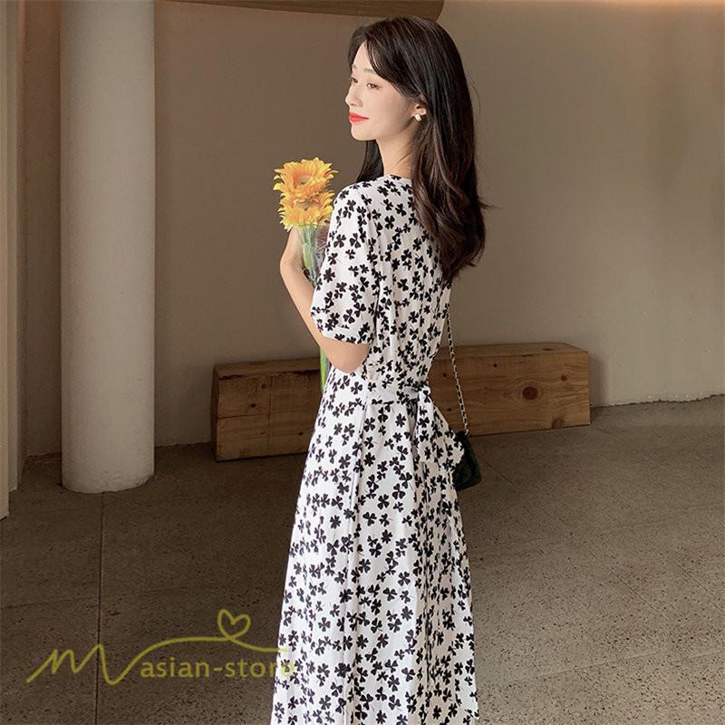 ミディアム | ワンピース レディース 着痩せ 花柄 半袖 大きいサイズ 上品 Aラインワンピース ゆったり Vネック ハイウエスト ミディアム丈 お出かけ 通勤 ひざ丈 通学