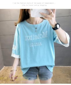 ｔシャツ・カットソー | ワイドTシャツ レディース ロング丈 5分袖 刺繍 韓国風 重ね着風 丸首 Tシャツ トップス 着痩せ 細身 カジュアル 人気 日常 上品 2021 アウトドア 夏新作 薄手